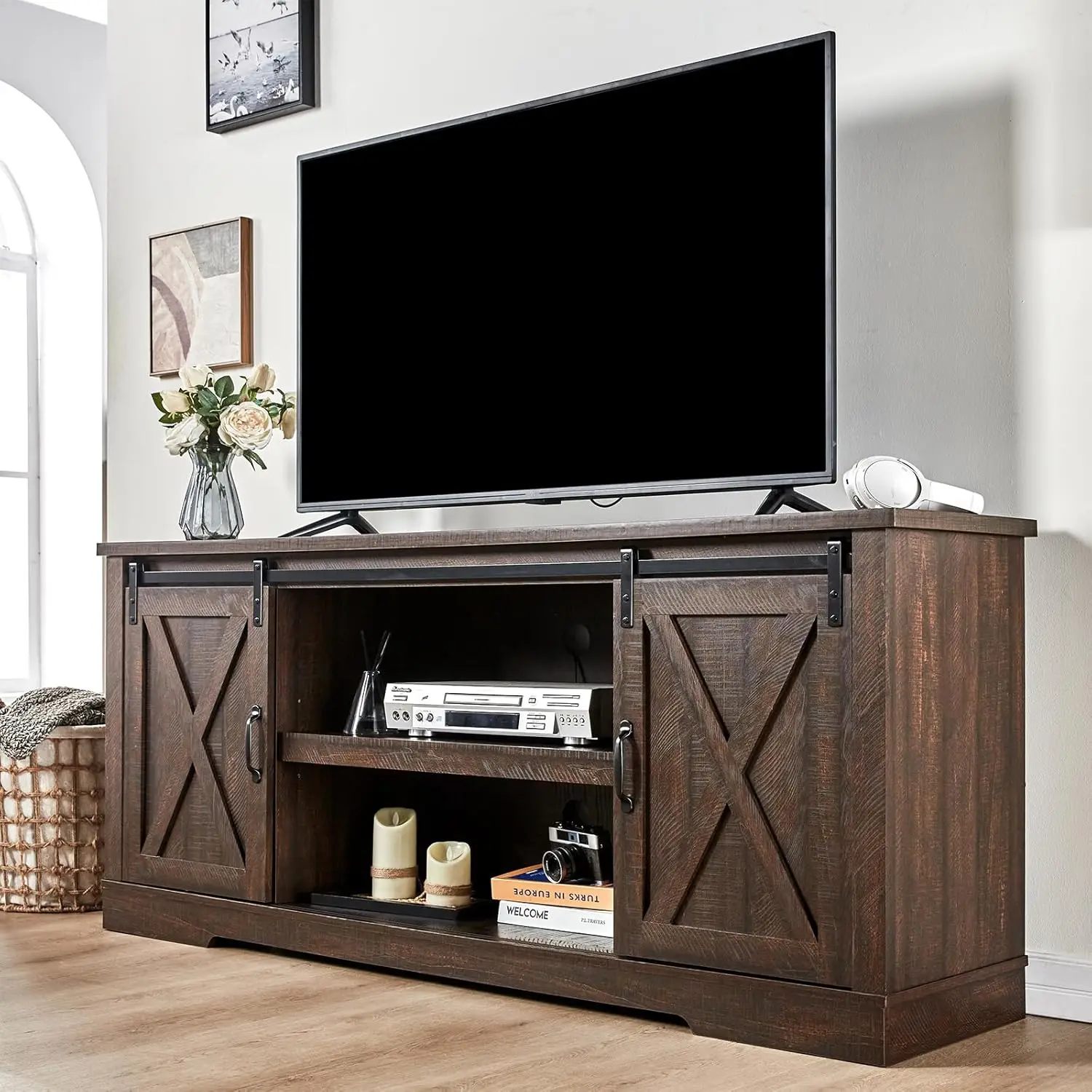 

66" Farmhouse TV Stand for 75 Inches TVs, Entertainment Center with Sliding Barn Door and Adjustable Shelf