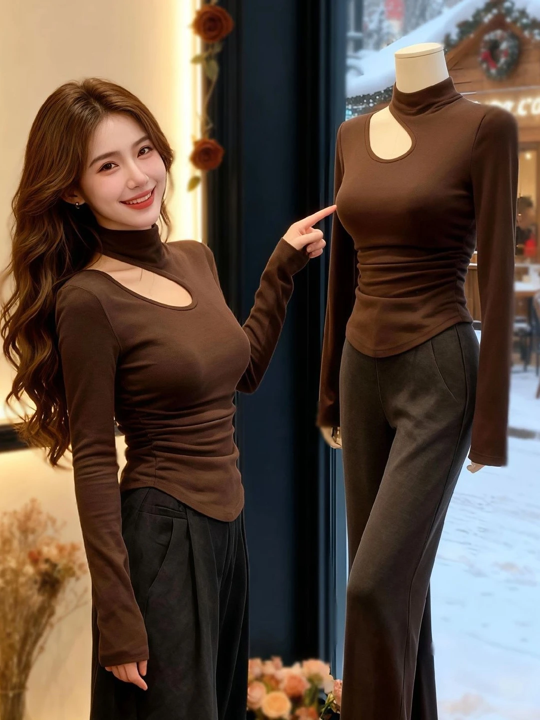 

Большие размеры Fce Lined Высокий воротник Длинная све База irt Женская внутренняя одежда Осень Зима Slim Fit Модная футболка