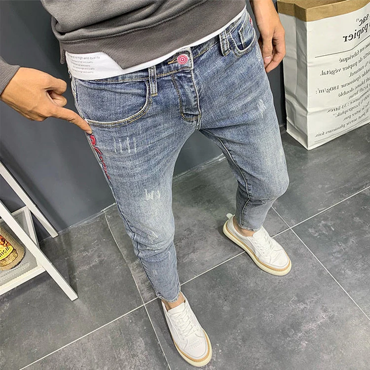 Trendy Versatile Light Wa Men's Jeans Embroidered Slim Fit Korean Sle Casual Nine Point Pants Youth Summer Faion
