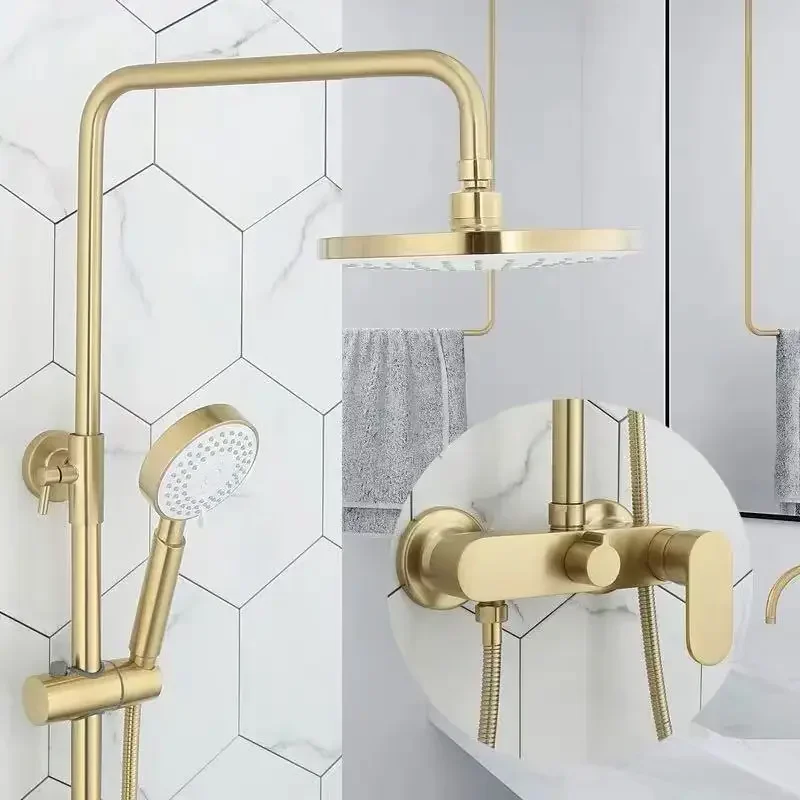 Gold brush shower set bathroom wall gold brush mixer luxury bathroom brush gold wall shower mixer bathtub hot & cold tap