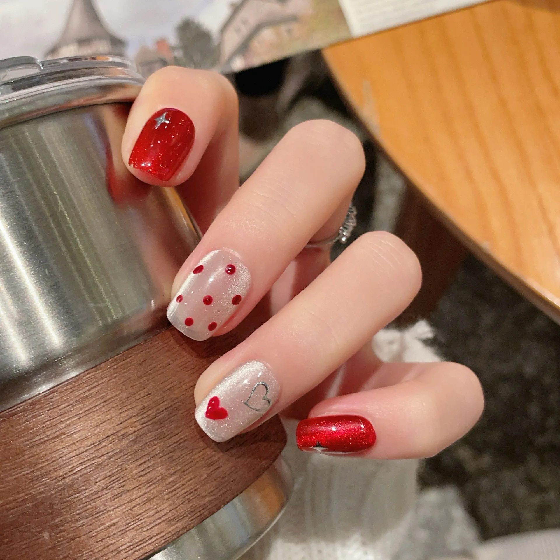 10pcs Handmade Press on Nails New Year Red Heart and Polka Dot Glitter Cat Eye False Nail for Women&Girl Removable Wearable Nail