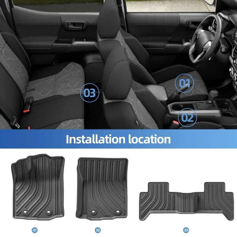 Fußmatten für Toyota Tacoma 5FT Short Bed 2016-2023 Nur Doppelkabine und Automatik, Allwetter-TPE 3D-Fußmatten Schwarz – Detail 3