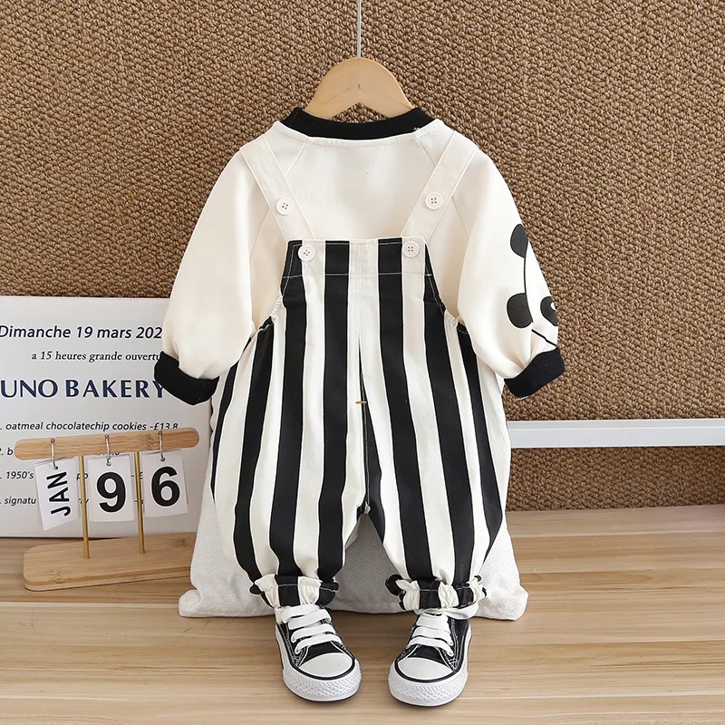 Baby Boy Infant Autumn Clothes 2024 Korean Casual Vertical Striped Long Sleeve Hoodies and Overalls for Kids Boys Tracksuit Set