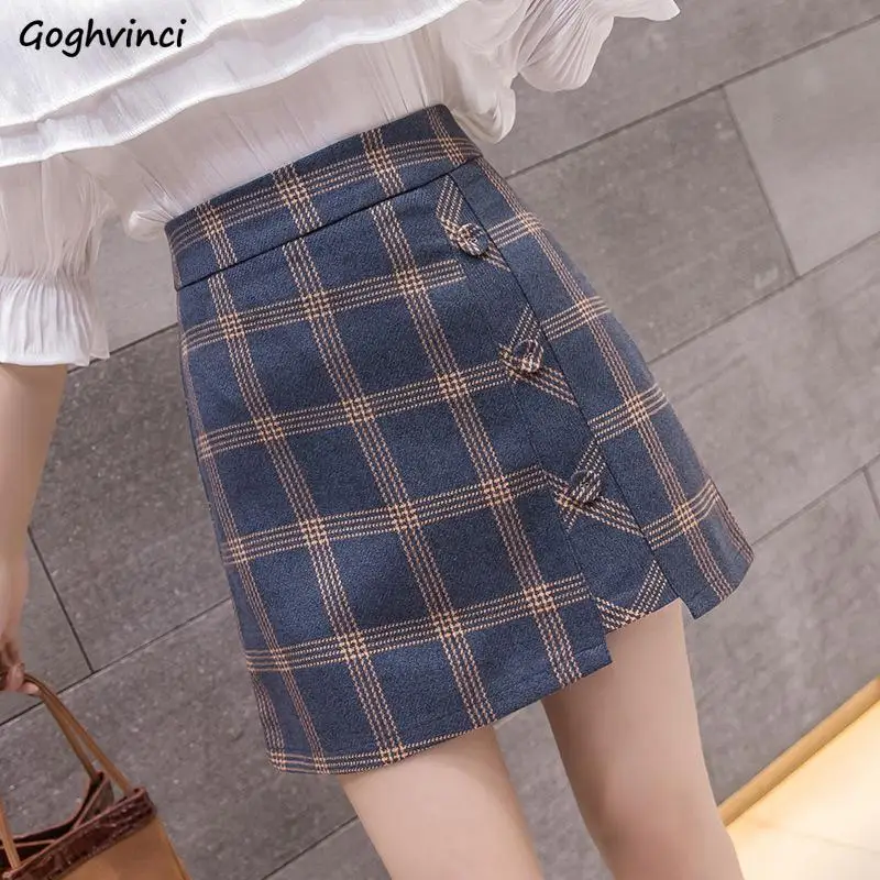 

Skirts Women High-waist Buttons Irregular Plaid 2XL A-line Hip-skirt Elegant Casual Trendy Students All-match Ulzzang Females