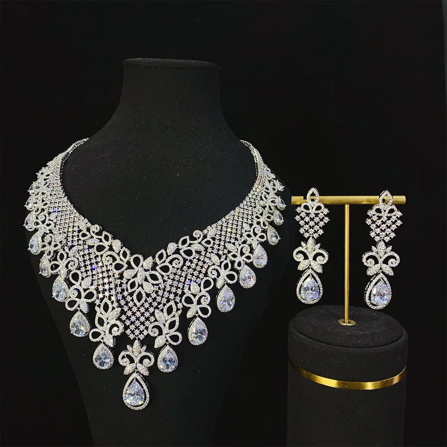 stunning jewelry sets wedding bride large necklace earrings zirconia red white green blue water drop engagement dinner party