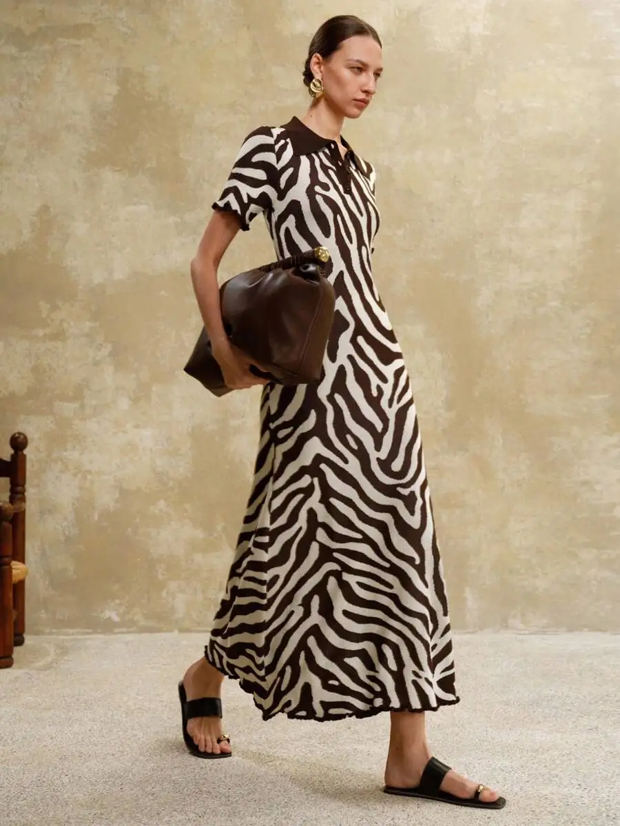 

Women’s Zebra Jacquard Knit Midi Dress, Short Sleeve Bodycon Fit, Elegant Casual Spring Fall Wear