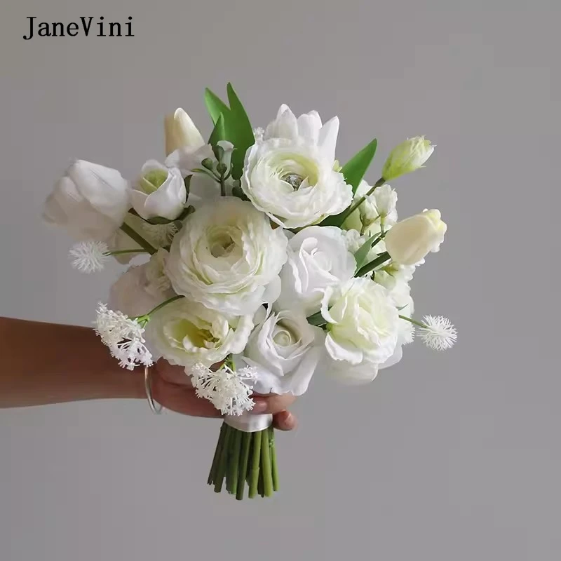 

JaneVini New White Bukiet Wedding Bouquets Artificial Silk Roses Bridal Holding Flowers for Bridesmaid Boho Wedding Accessories