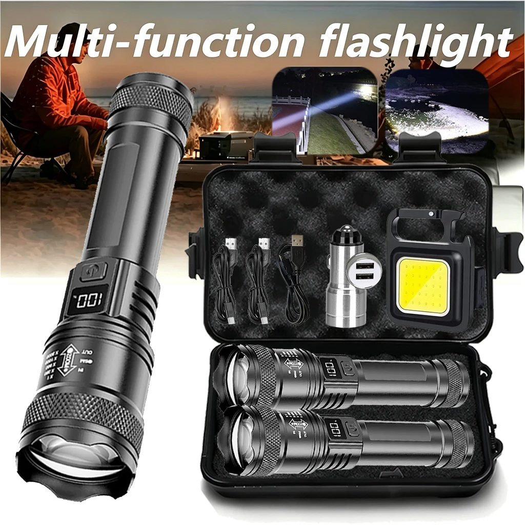 Ultra Bright LED Flashlight 2000LM Type-C Rechargeable Long Range Zoom Tactical Torch Outdoor Emergency Camping Fishing Lantern