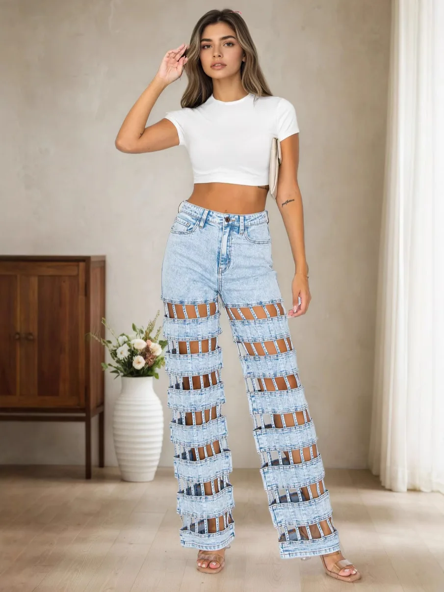 

Women's High Waisted Straight Leg Ripped Jeans 2025 New Streetwear Fashion Torn Distressed Denim Pants with Hollow Design