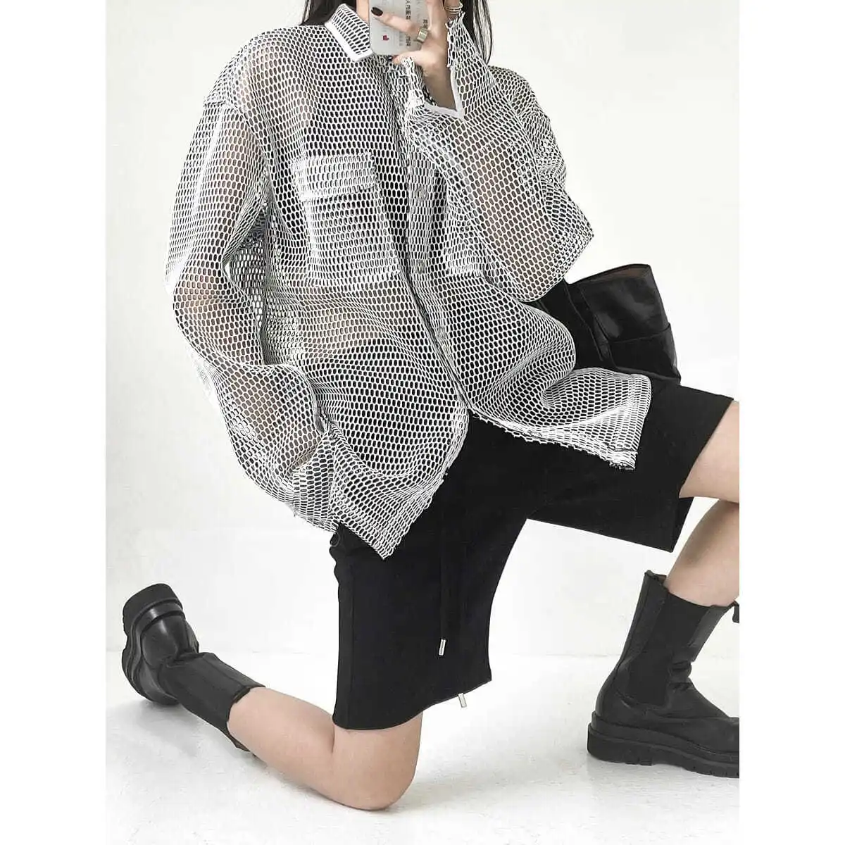 Oversized High Street Punk Rock Women Baseball Coats Hollow Out Cool Punk Loose Geek Coat Unisex Couples Coats Y2K Tops NZ208 image 2