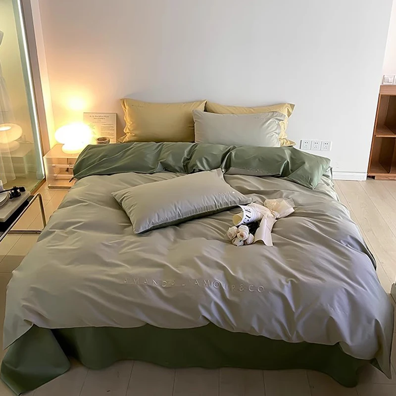 

2024 High-end Light Luxury Style Long-staple Cotton Four-piece Set Pure Cotton New Sate Embroidery Quilt Set Bedding Gray Green