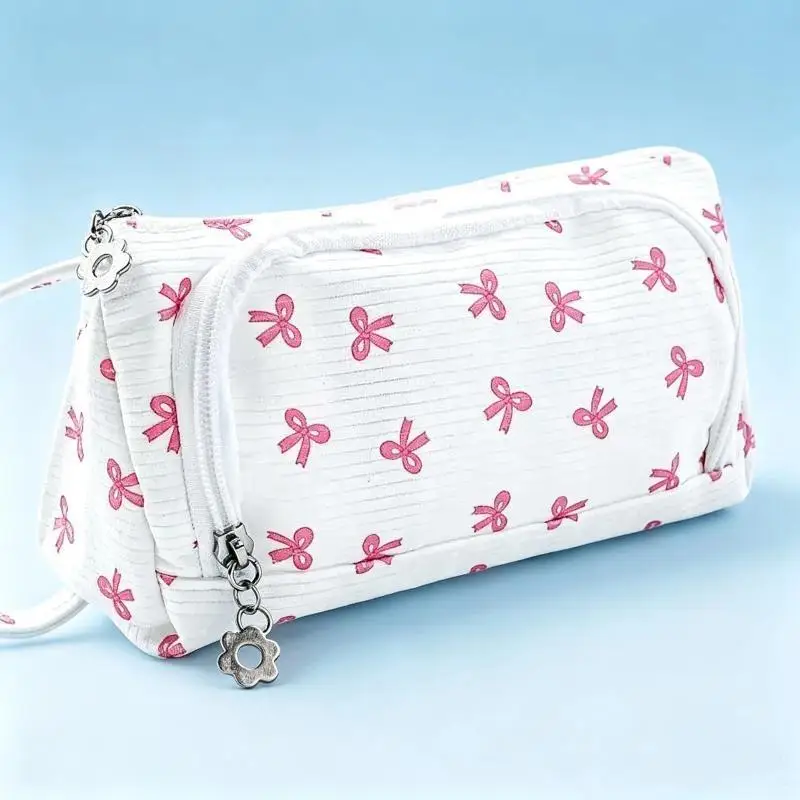 Kawaii Cute Bow Flower Zipper Pen Bag Large Capacity Multi Compartment Stationery Storage Pouch School Office Supply