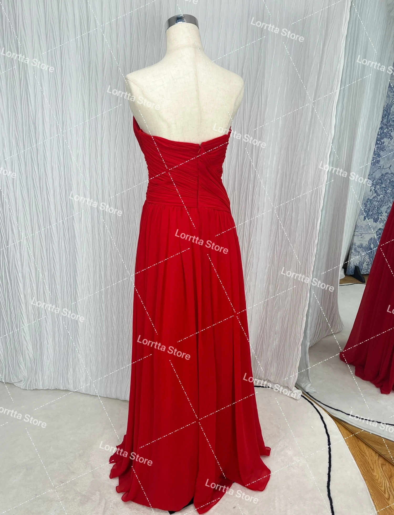 Lorrtta Red Chiffon Long Prom Dresses Strapless Pleated Side Split Party Gowns Special Banquet Club Evening Dress Customized