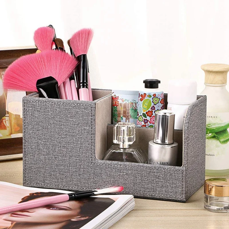 PU Leather Multi-Function Desk Stationery Organizer Storage Box Pen/Pencil, Business Cards Remote Control Holder (Grey)