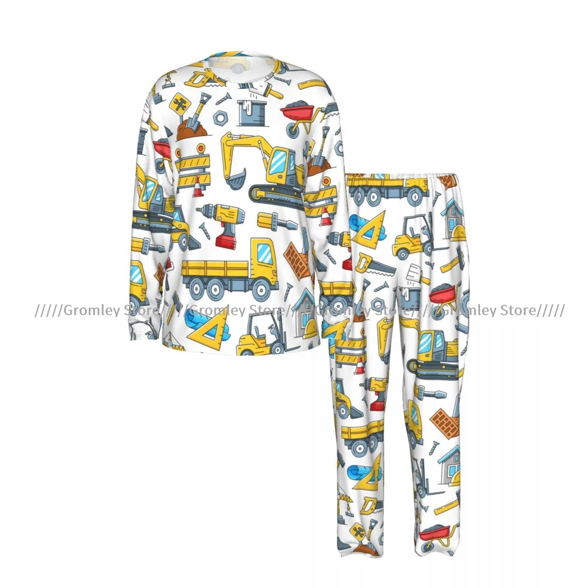 Men's Pajama Set Long Sleeve and Long Pants Construction Machinery Pattern Soft Sleepwear for Home