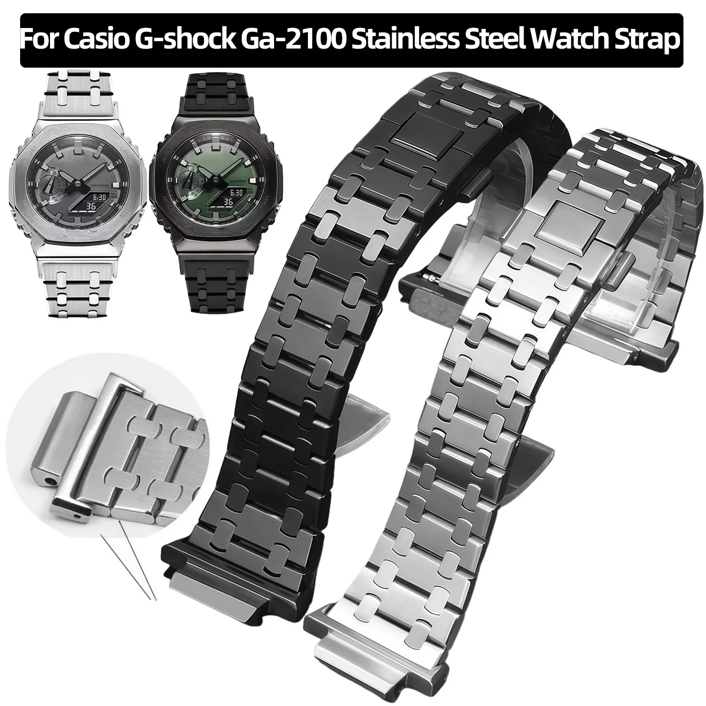 

GA2100 Modified strap For Casio G-shock Ga-2100 Ga2110 Ga-b2100 series Silver black Metal solid stainless steel watchband men