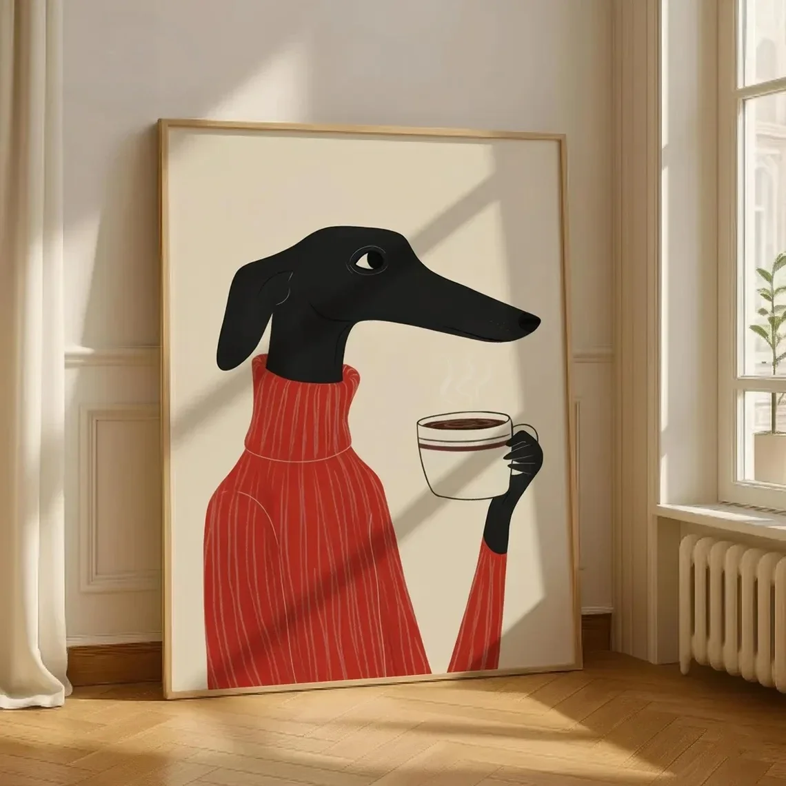 Impresión en lienzo de arte de pared de Greyhound Coffee, póster de perro fantasioso con suéter, imágenes nórdicas para pared