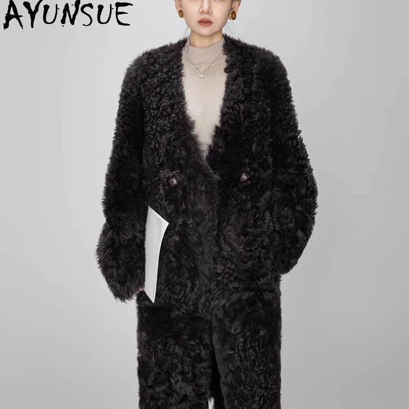 AYUNSUE Natürlicher Schaffell-Pelzmantel für Damen, Winterjacken, 2025, luxuriöse Kleidung, weiblich, langer Stil, echte Lederjacke, Servies Sierra