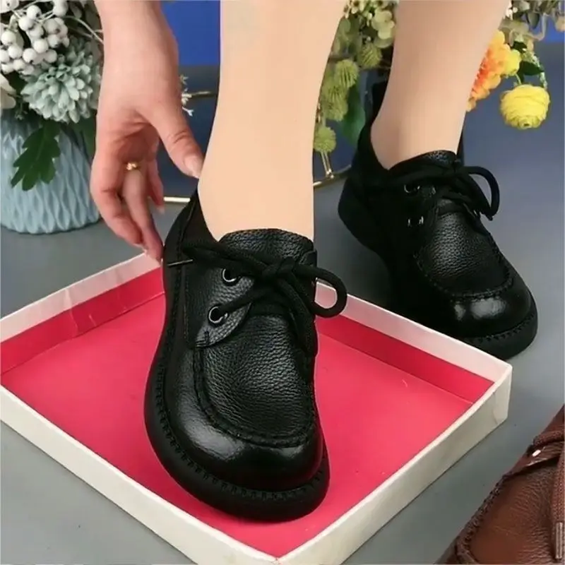 Spring and Autumn New Muffin Soles Deep Mouthed Mid Heel Low Top Shoes with Cross Tie Round Rubber Thick Soles Women