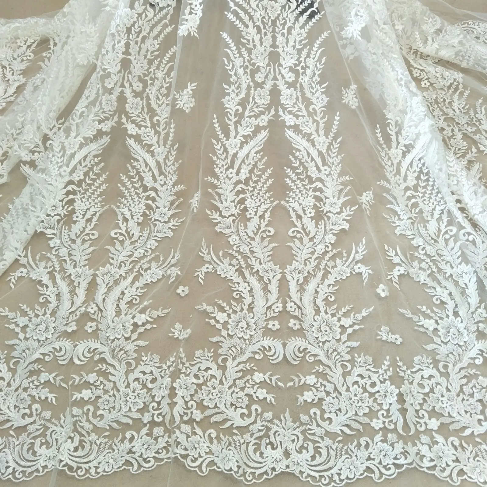 Fashion wedding gown dress lace sequins dress lace fabric 130cm width bridal lace sell by yard