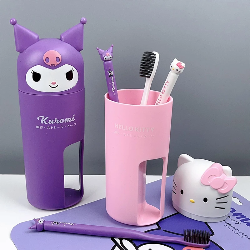 Sanrio Cartoon Soft Hair Brush Tooth Cup Set With Cover Travel Kuromi Hello Kitty Melody Student Girl Gift