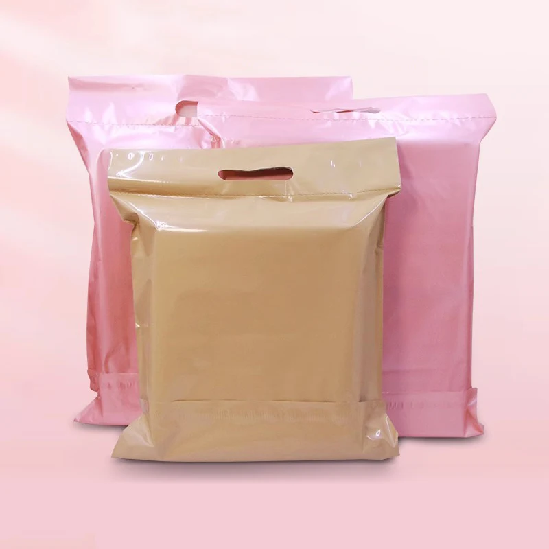 100Pcs Courier Envelope with Handle Rose Gold/Milk Tea Plastic Shipping Bag Portable Express Bags Business Packaging Supplies