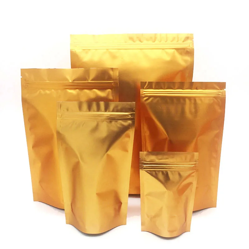 

New 100pcs Matte Gold Mylar Foil Zip Lock Stand Up Bag Self Seal Tear Notch Doypack Food Candy Tea Snack Bean Packing Pouches