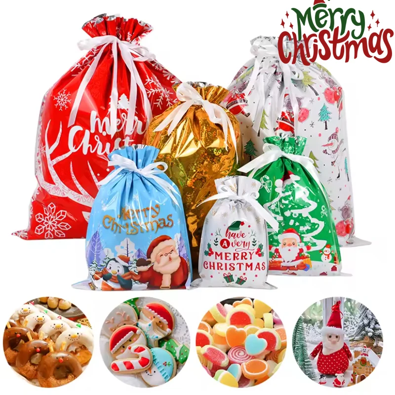 Weihnachtsgeschenktüte mit Kordelzug und Weihnachtsmann-Baum-Designs, DIY-Doodle-Tasche für Kinder zum Selbermachen für Süßigkeiten, Verpackungen, Kunstaktivitäten aus Vliesstoff