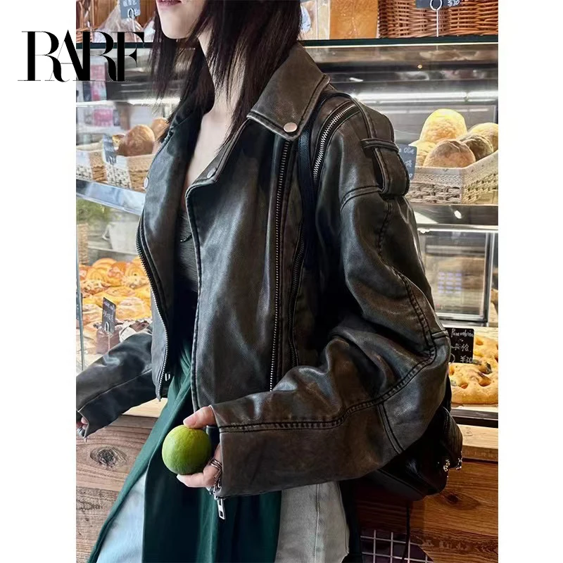 RARF 2024 Women\'s lapel vintage make old loose imitation leather pilot motorcycle coat women\'s PU washed leather coat