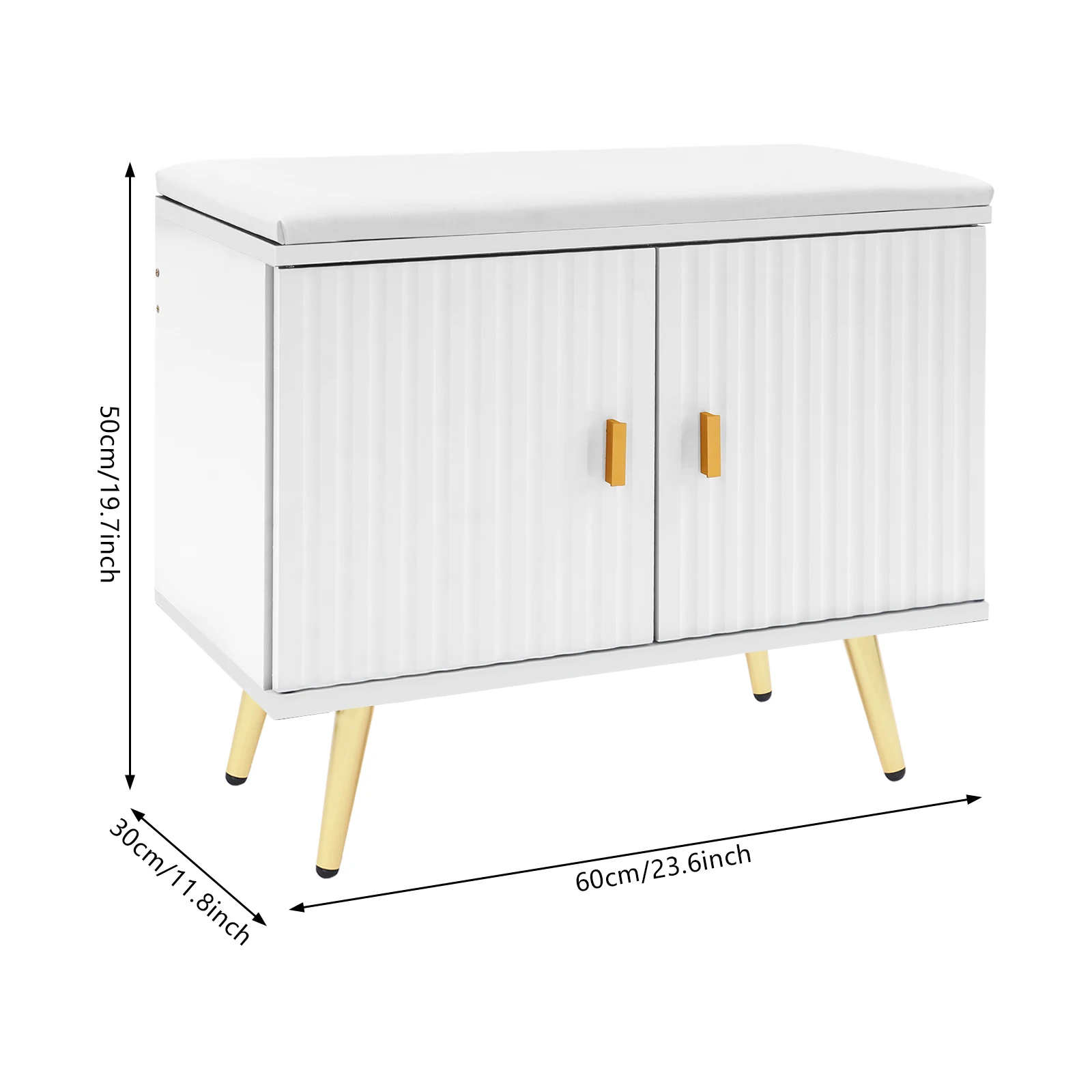 مقعد أحذية حديث أبيض + ذهبي مع مساحة تخزين من طبقتين وقسم قابل للإزالة، أرجل معدنية، سعة تحميل 100 كجم مقاس سطح المقعد 60*32 سم #2