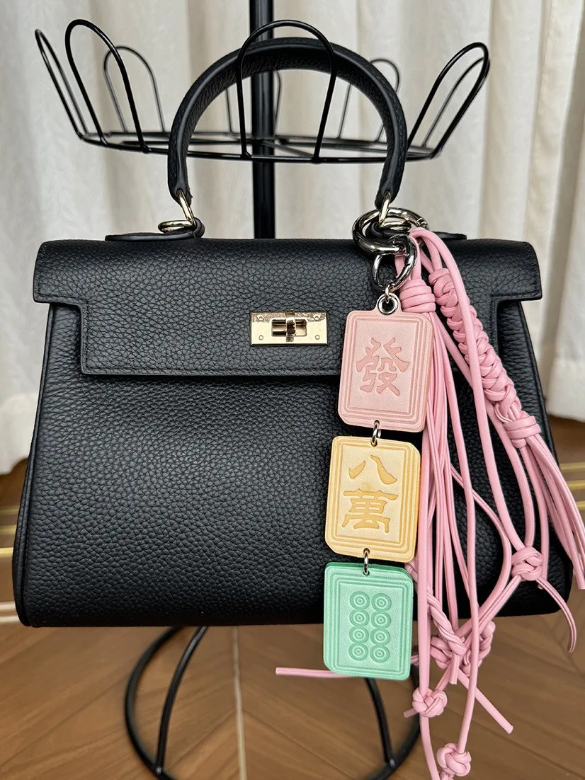 

Lucky Mahjong Pendant Real Leather Keychain - Handmade Tassel Weaving Cord
