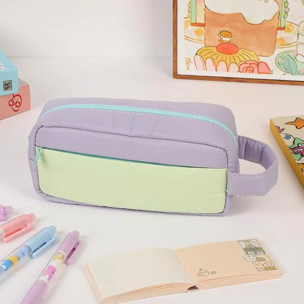 Durable Contrasting Colors Pen Bag Large Capacity Multifunctional Pencil Case Handheld Stationery Storing Bag Students