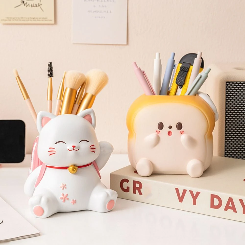 

Kawaii Maneki Neko Lucky Bag Pen Holder Toast Cat Desktop Storage Box Resin Cute Makeup Brush Case Gift