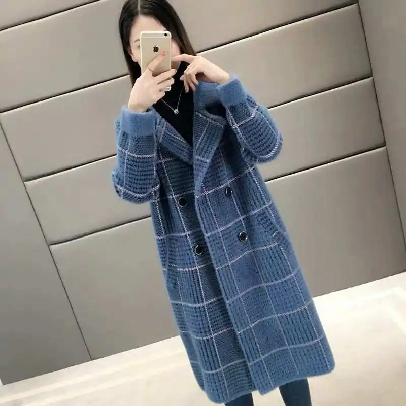 

Double-Faced Woolen Plaid Fur Coat Women's Loose Fit Autumn Winter Long Cardigan Sweater Straight Cut Cotton Blend