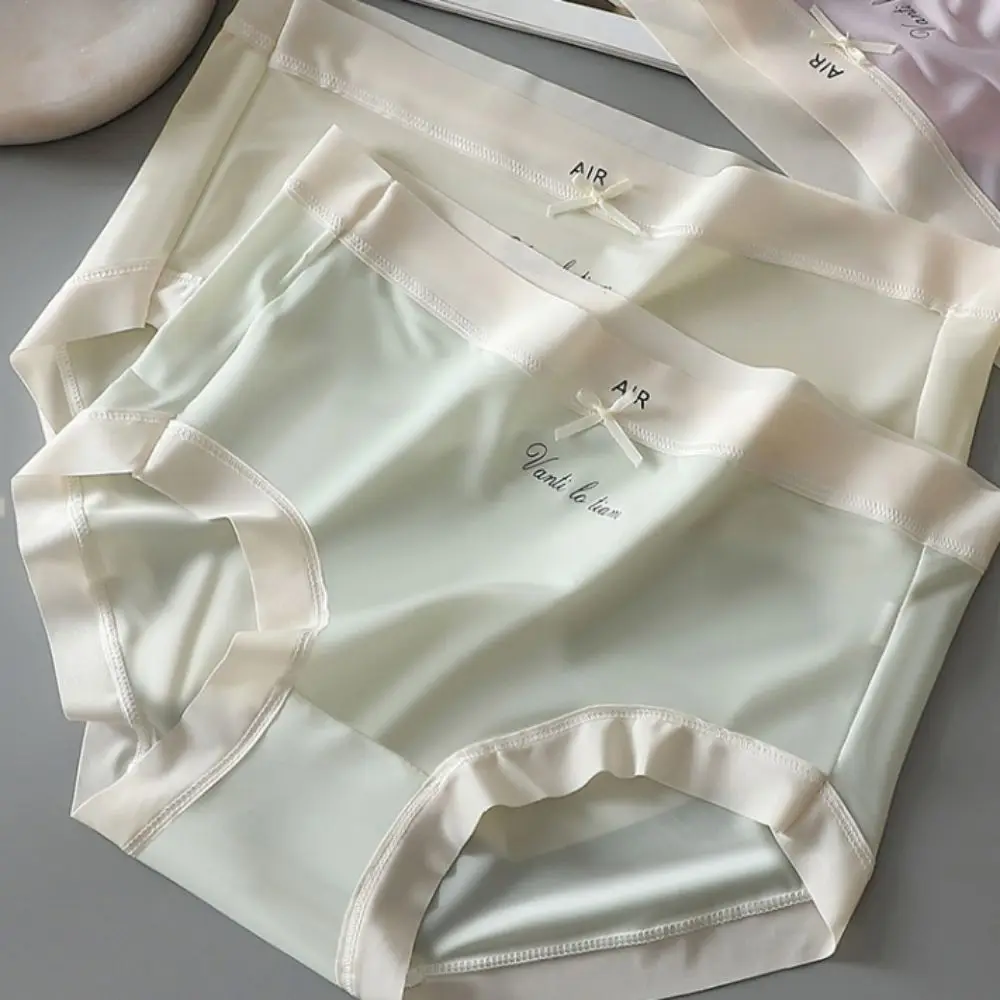 

5PCS Mid Waist Ice Silk Panties Cotton Crotch Bowknot Seamless Briefs Female Lingerie Mesh Underwear Women's Thin Underpants