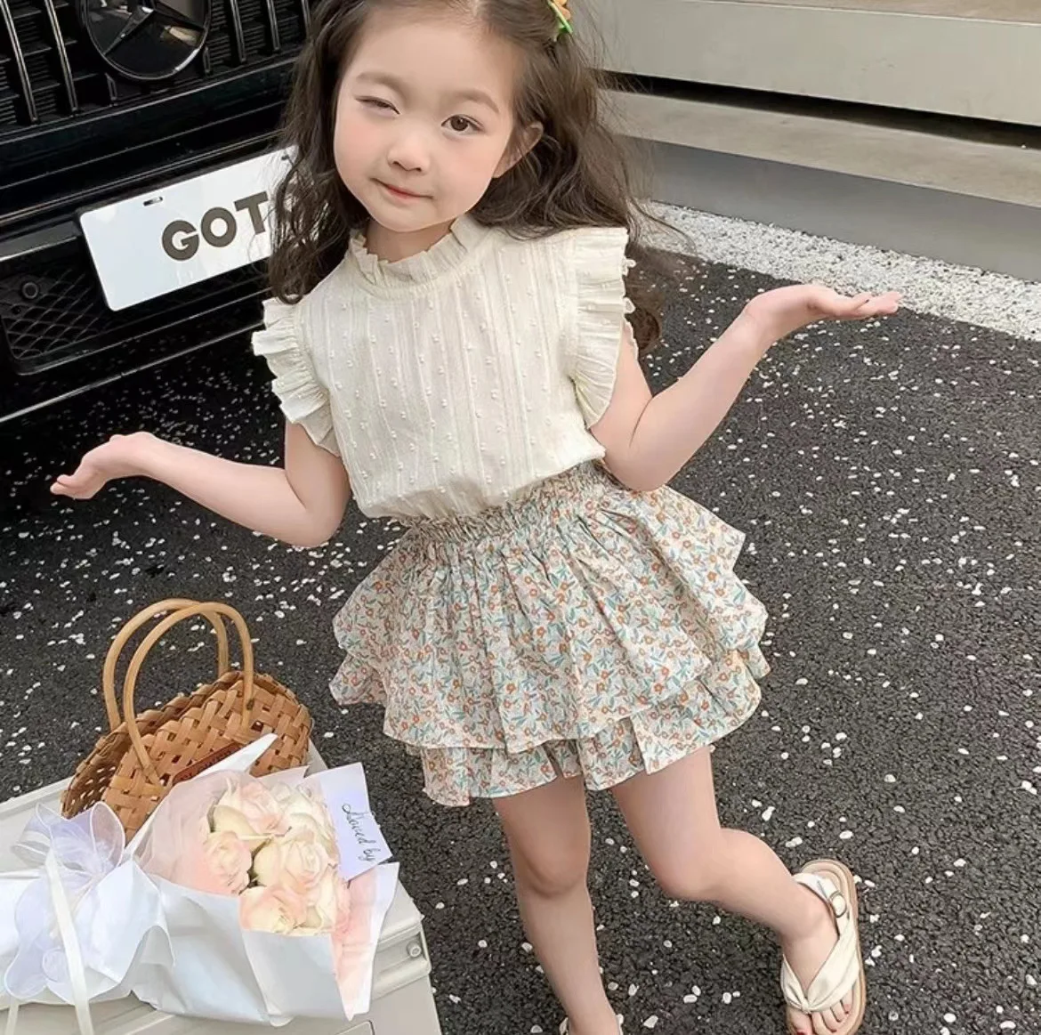 Girls Suits Summer Style Sweet Floral Bract Stylish Blouse Top and Skirt Pants Two-piece Set Korean Simple Style Clothes