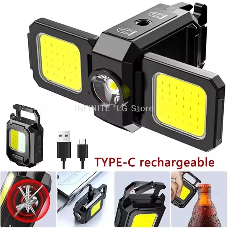 Multi Functional Flashlight Mini Keychain Light COB Work Light USB Rechargeable Lamp Side Lights Super Bright Portable Lanterns