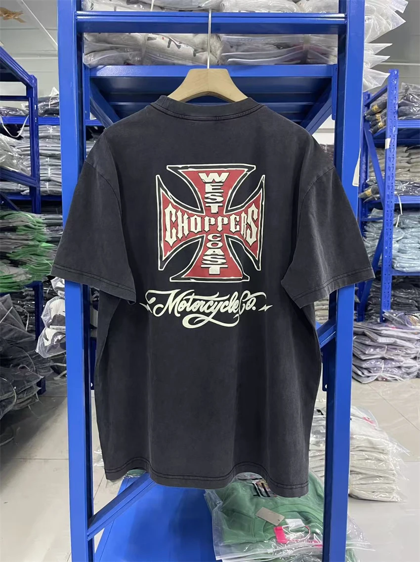 New Vintage High-quality Cross Red Printed Washed Street Oversized T-shirt Round Neck Pure Cotton Sports Fashion Short Sleeved