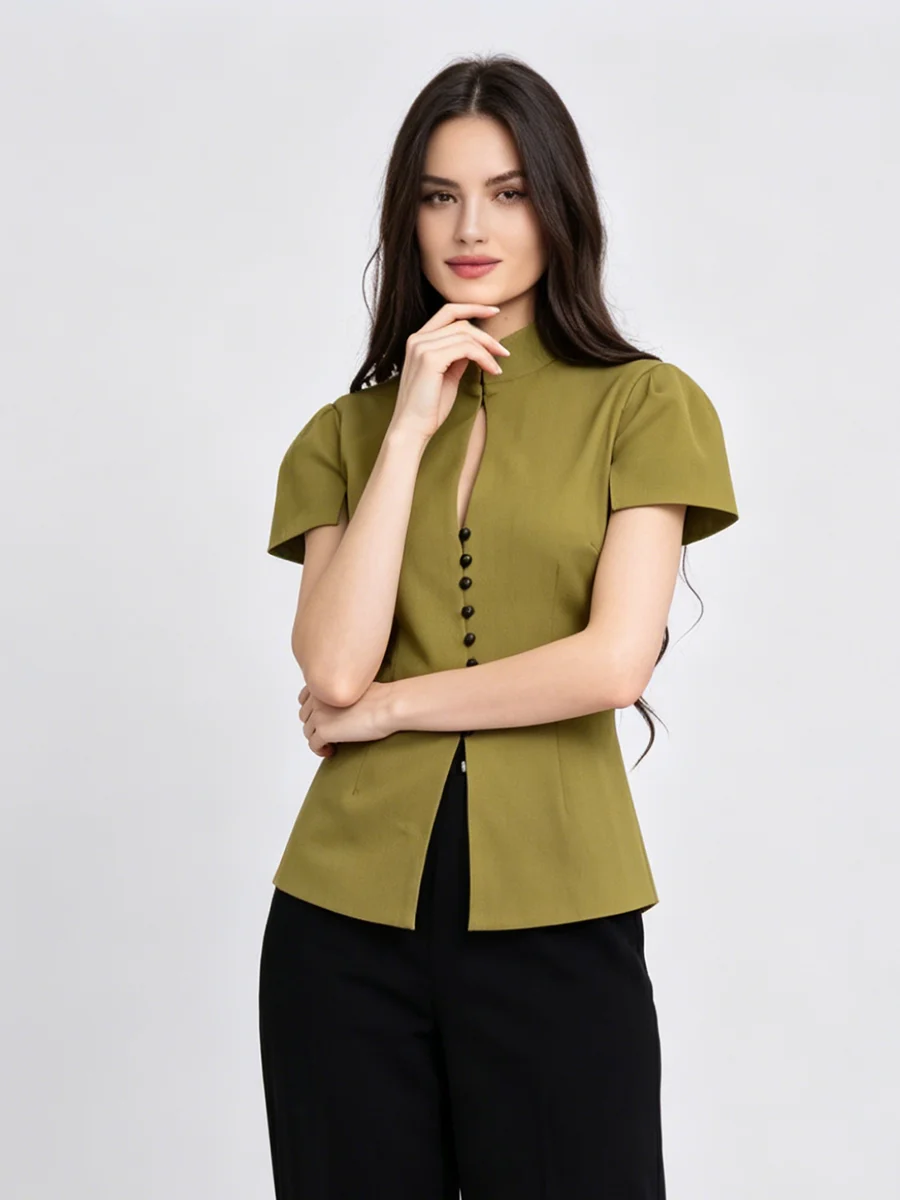 LIMO Stand Collar Puff Sleeve Blouse Women Elegant Pearl Button Slim Fit Short Sleeve Shirt Office Lady Top