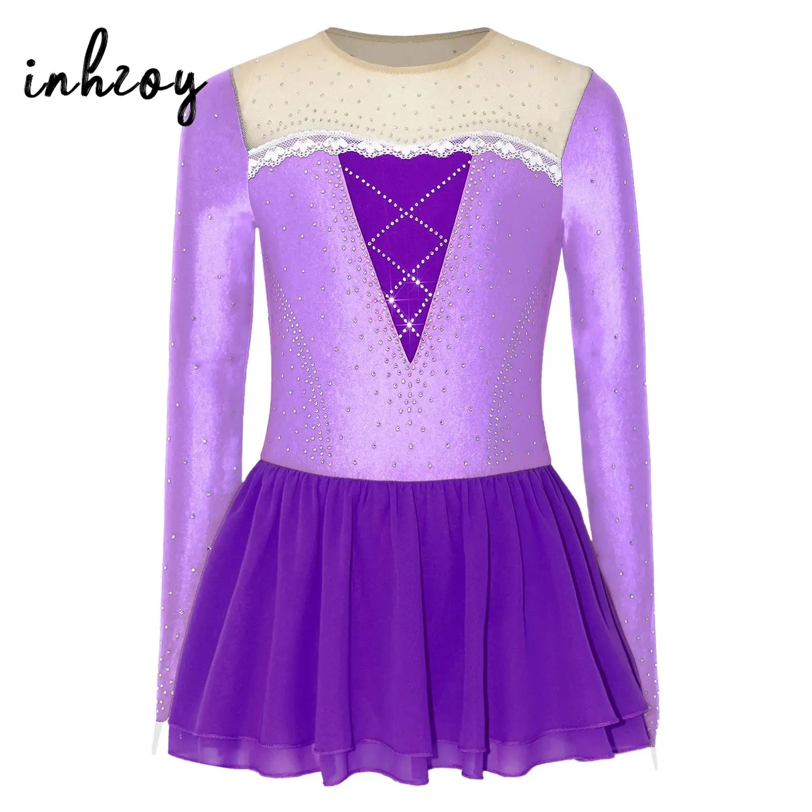 

Kids Girls Princess Figure Ice Skating Dress Ballerina Costume Dance Performance Leotard Dress for School Talent Performance