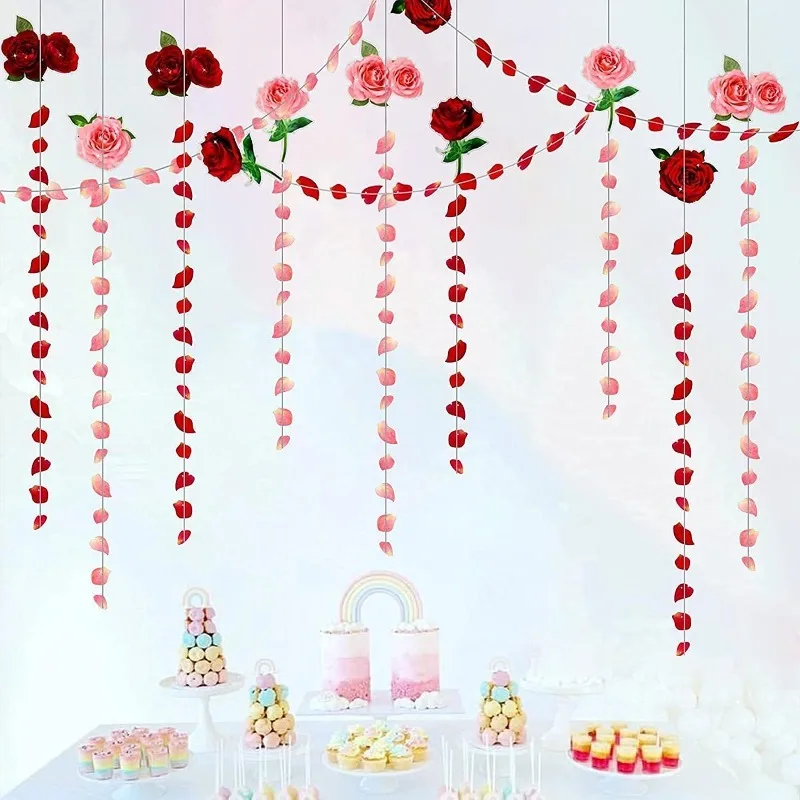 12Pcs Red Pink Rose Garlands Rose Flower Patel Valentines Day Streamer Wedding Engagement Bridal Shower Party Hanging Decoration