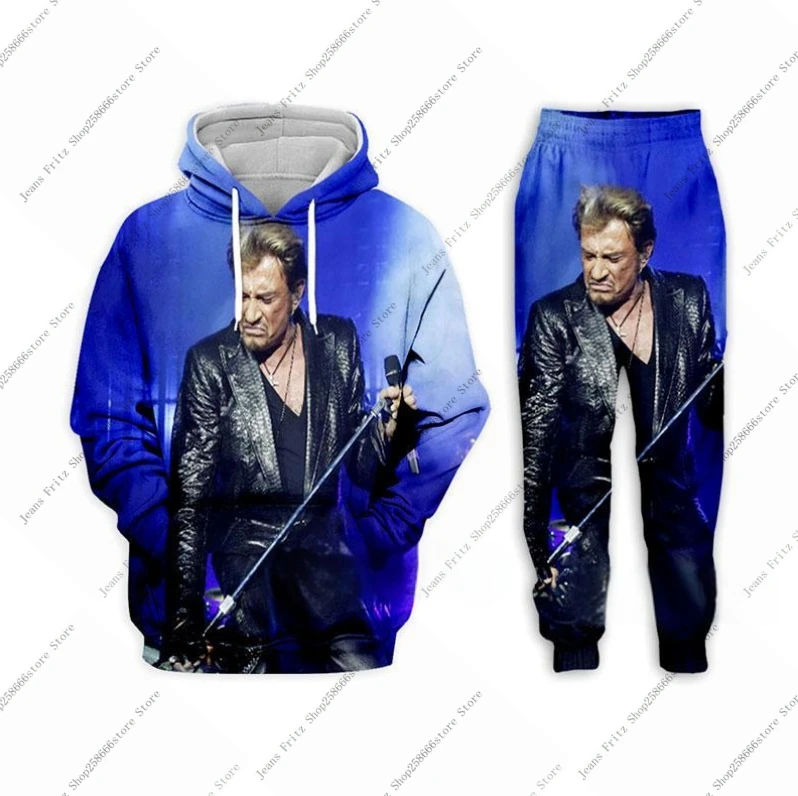 Johnny Hallyday-traje con capucha y pantalones con estampado 3d para hombre, sudadera informal, jersey, conjunto de chándal, ropa de moda para hombre, trajes de 2 uds