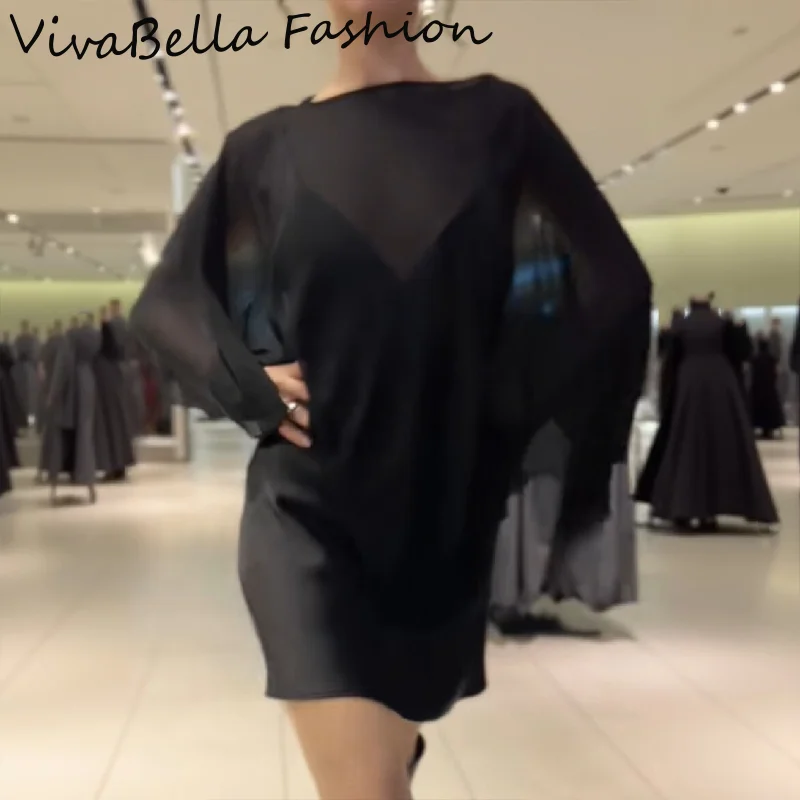 Elegantes, gestapeltes kurzes Satin-Kleid für Damen, V-Ausschnitt, verstellbare Spaghettiträger, geteilter, transparenter Kittel, 2025, NEU, durchsichtiges Damenkleid