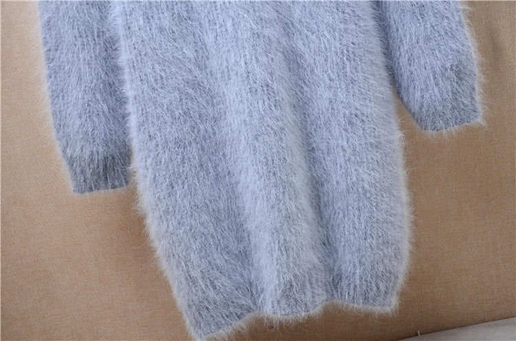 Heavy Thick Female Women Autumn Winter Clothing Hairy Angora Rabbit Hair Knitted O-Neck Long Sleeves Loose Long Sweater Dress