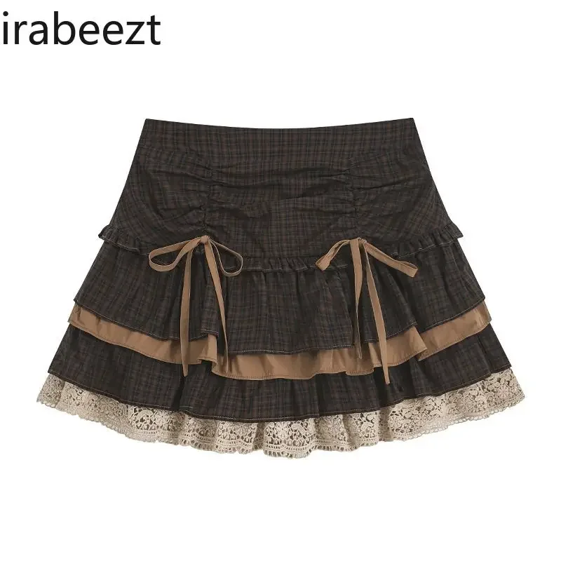 Caramel Bray Vintage Coffee Checked Top Skirt Set Sweet Cute Niche Design Sense Casual Daily Wear Suits for Women with Skirt