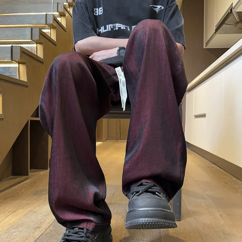 Summer Ice Silk Casual pants men Straight Pants Plus Size Men's Thin trousers Men Loose Comfortable Wide Leg Pants Wine Red