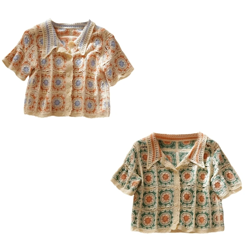 

Stylish Colorful Crochet Short Sleeve Knit Sweater Crop Tops for Women and Girls