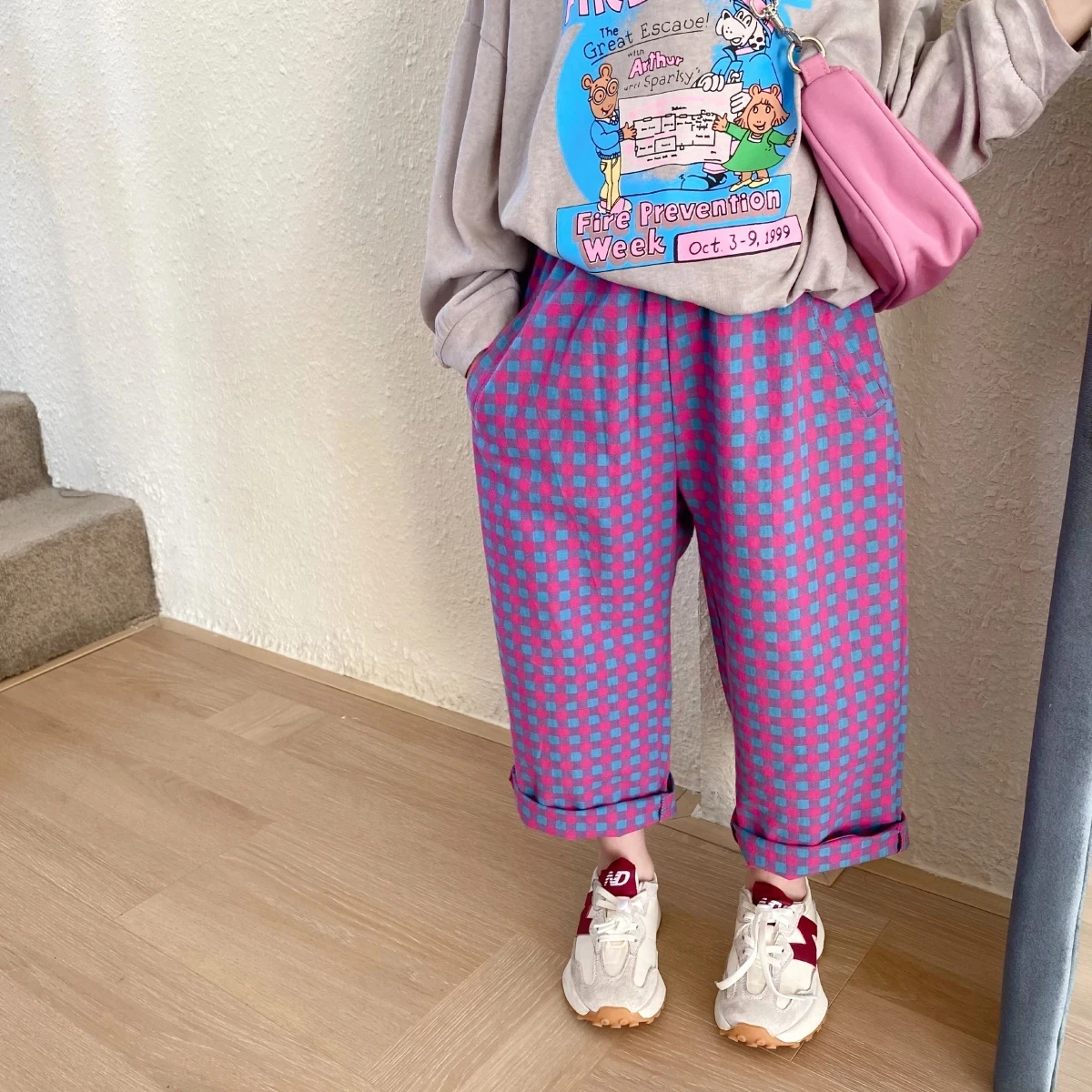 Spring girls cotton plaid Hip pants Kids soft loose trousers 2-7Y