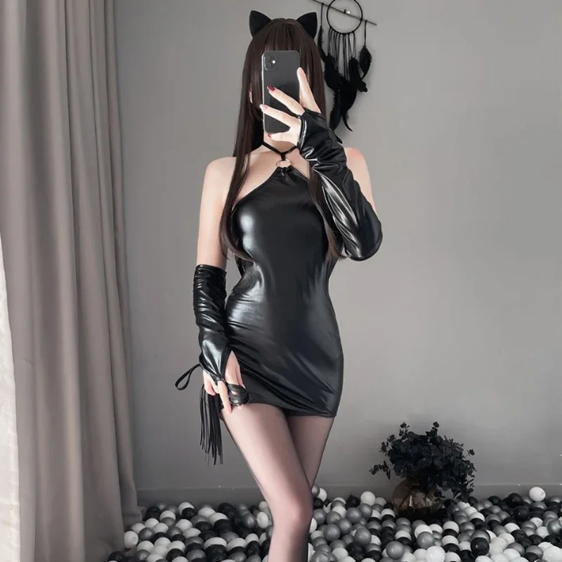 

Женское сексуальное нижнее белье, костюмы для косплея, эротические наряды, латексное кожаное платье, комплект порно нижнего белья, костюмы маленького черного дьявола с открытой промежностью
