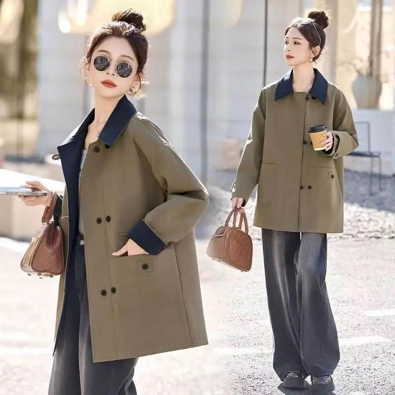 

Lined Windbreaker Coat Women's Long 2026 Spring Autumn New High-Quality Jacket Design Overwear Ladies Contrast Stitching Outcoat